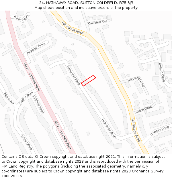 34, HATHAWAY ROAD, SUTTON COLDFIELD, B75 5JB: Location map and indicative extent of plot