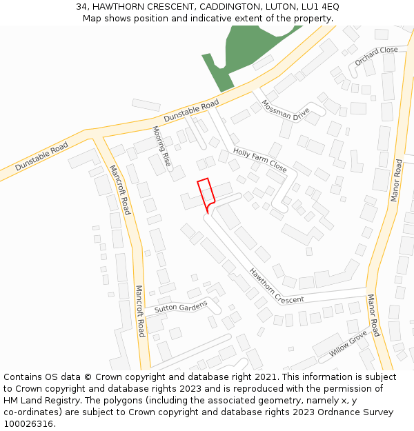 34, HAWTHORN CRESCENT, CADDINGTON, LUTON, LU1 4EQ: Location map and indicative extent of plot