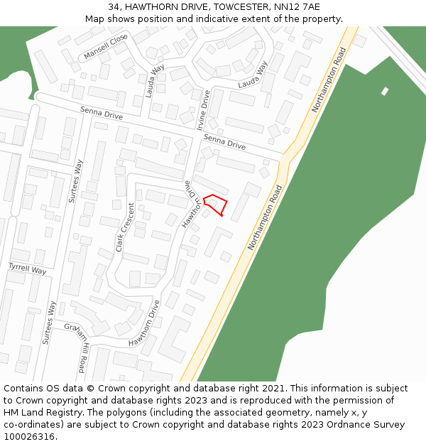 34, HAWTHORN DRIVE, TOWCESTER, NN12 7AE: Location map and indicative extent of plot