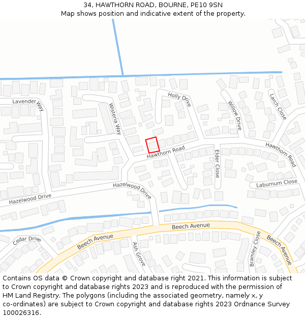 34, HAWTHORN ROAD, BOURNE, PE10 9SN: Location map and indicative extent of plot