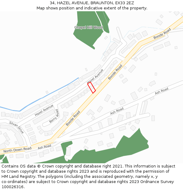 34, HAZEL AVENUE, BRAUNTON, EX33 2EZ: Location map and indicative extent of plot