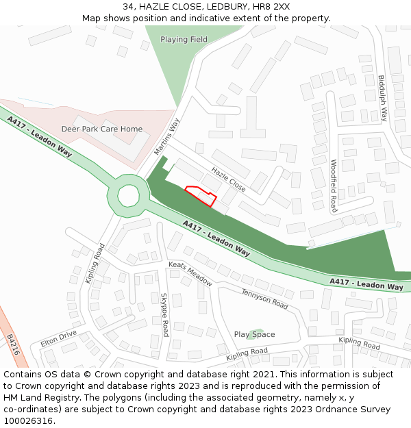 34, HAZLE CLOSE, LEDBURY, HR8 2XX: Location map and indicative extent of plot