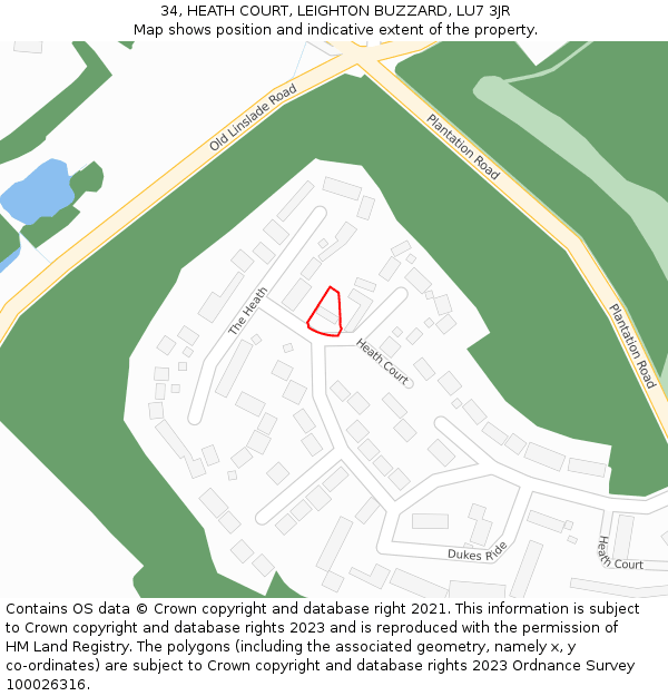 34, HEATH COURT, LEIGHTON BUZZARD, LU7 3JR: Location map and indicative extent of plot