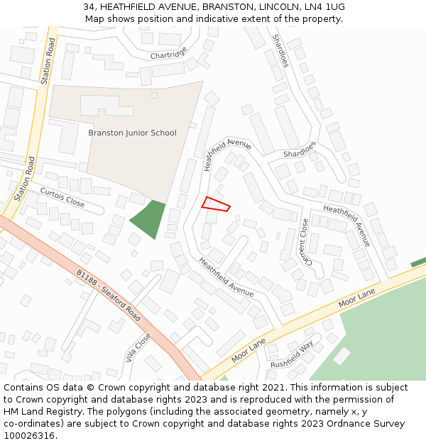 34, HEATHFIELD AVENUE, BRANSTON, LINCOLN, LN4 1UG: Location map and indicative extent of plot