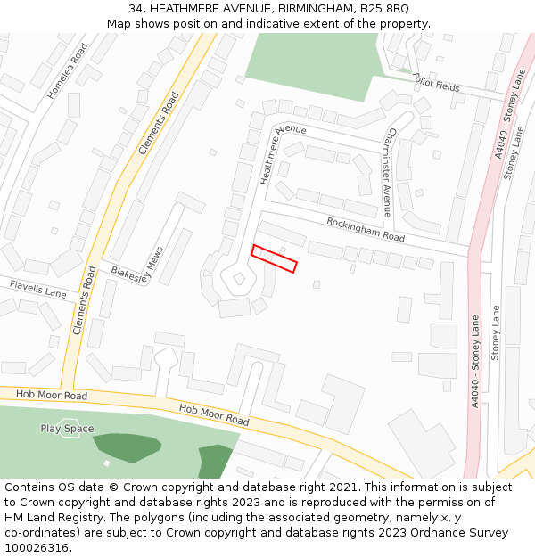 34, HEATHMERE AVENUE, BIRMINGHAM, B25 8RQ: Location map and indicative extent of plot