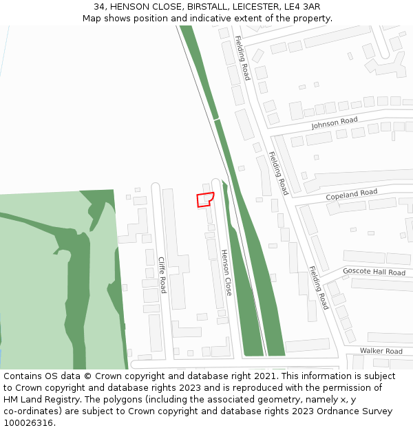 34, HENSON CLOSE, BIRSTALL, LEICESTER, LE4 3AR: Location map and indicative extent of plot