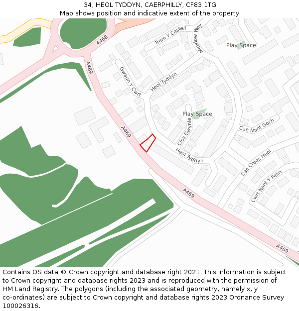 34, HEOL TYDDYN, CAERPHILLY, CF83 1TG: Location map and indicative extent of plot