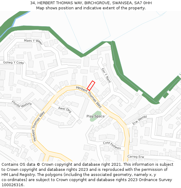 34, HERBERT THOMAS WAY, BIRCHGROVE, SWANSEA, SA7 0HH: Location map and indicative extent of plot