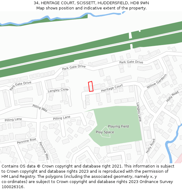 34, HERITAGE COURT, SCISSETT, HUDDERSFIELD, HD8 9WN: Location map and indicative extent of plot