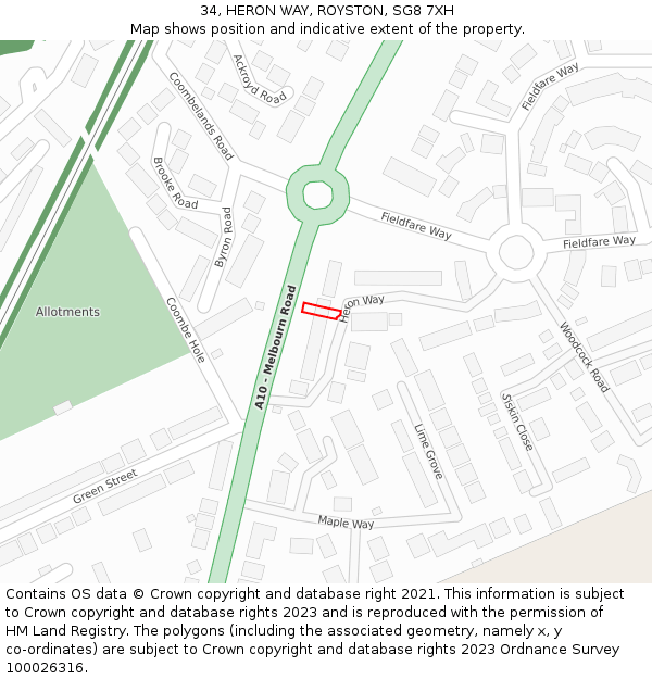 34, HERON WAY, ROYSTON, SG8 7XH: Location map and indicative extent of plot