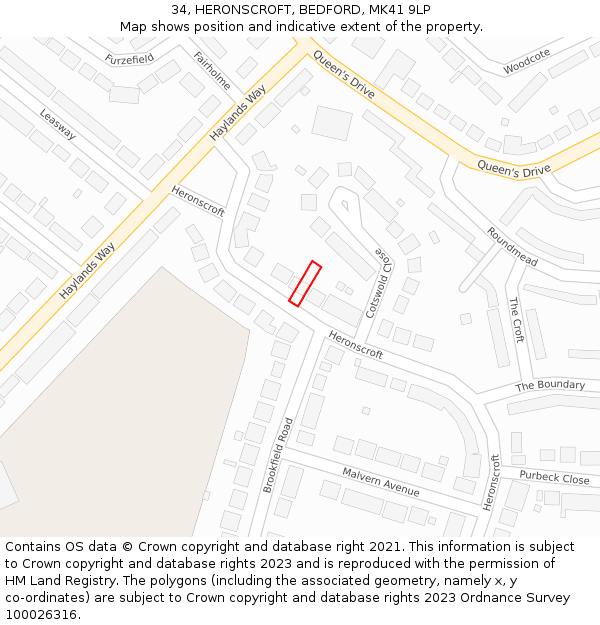 34, HERONSCROFT, BEDFORD, MK41 9LP: Location map and indicative extent of plot