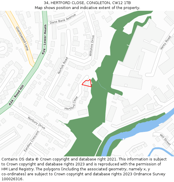 34, HERTFORD CLOSE, CONGLETON, CW12 1TB: Location map and indicative extent of plot