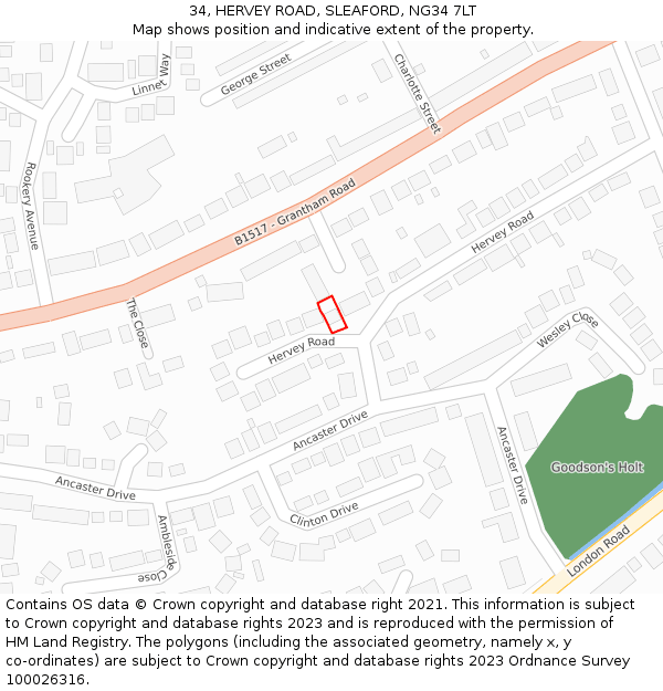 34, HERVEY ROAD, SLEAFORD, NG34 7LT: Location map and indicative extent of plot