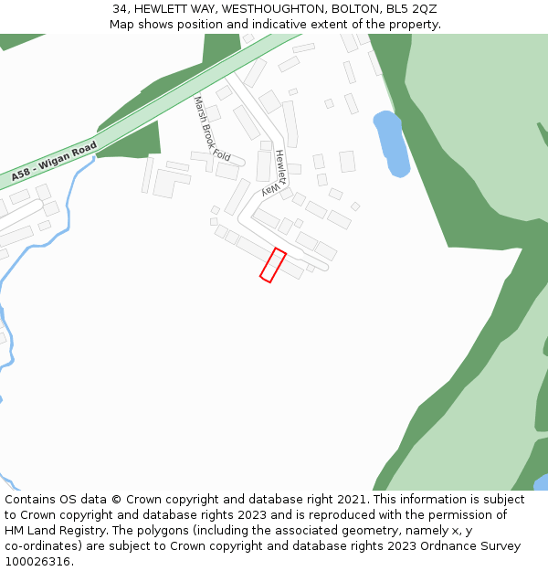 34, HEWLETT WAY, WESTHOUGHTON, BOLTON, BL5 2QZ: Location map and indicative extent of plot