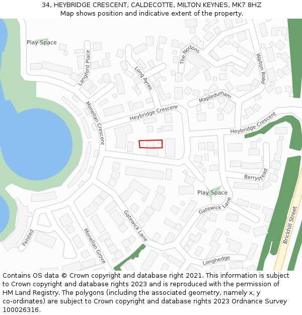 34, HEYBRIDGE CRESCENT, CALDECOTTE, MILTON KEYNES, MK7 8HZ: Location map and indicative extent of plot