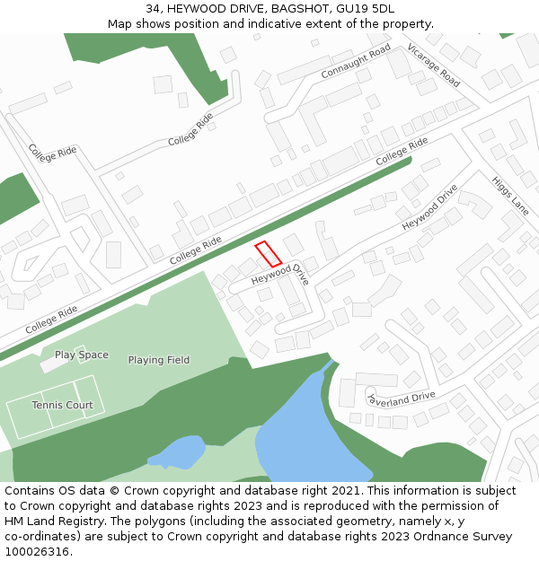 34, HEYWOOD DRIVE, BAGSHOT, GU19 5DL: Location map and indicative extent of plot