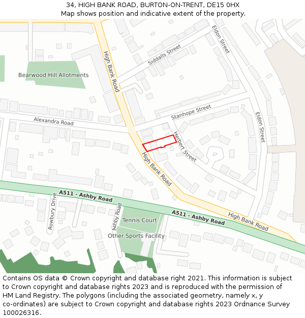 34, HIGH BANK ROAD, BURTON-ON-TRENT, DE15 0HX: Location map and indicative extent of plot