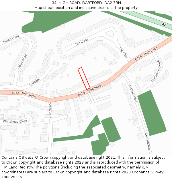 34, HIGH ROAD, DARTFORD, DA2 7BN: Location map and indicative extent of plot