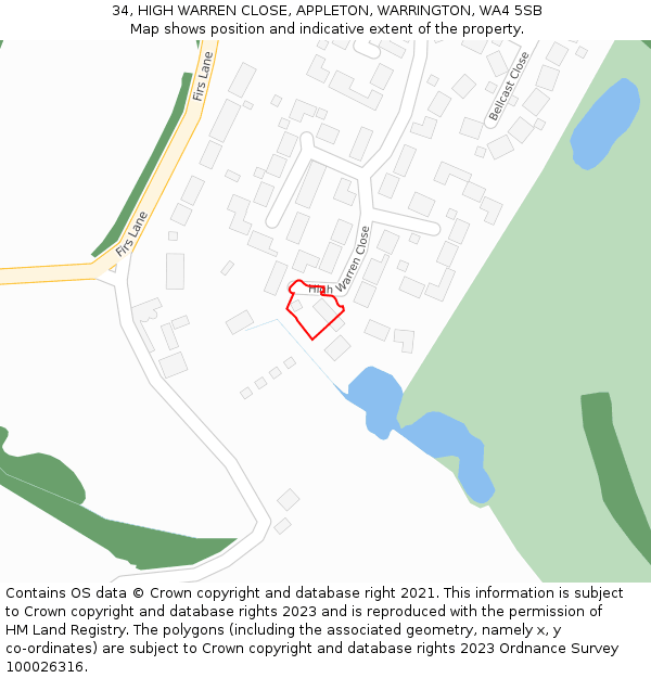 34, HIGH WARREN CLOSE, APPLETON, WARRINGTON, WA4 5SB: Location map and indicative extent of plot