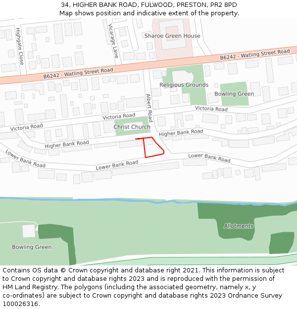 34, HIGHER BANK ROAD, FULWOOD, PRESTON, PR2 8PD: Location map and indicative extent of plot