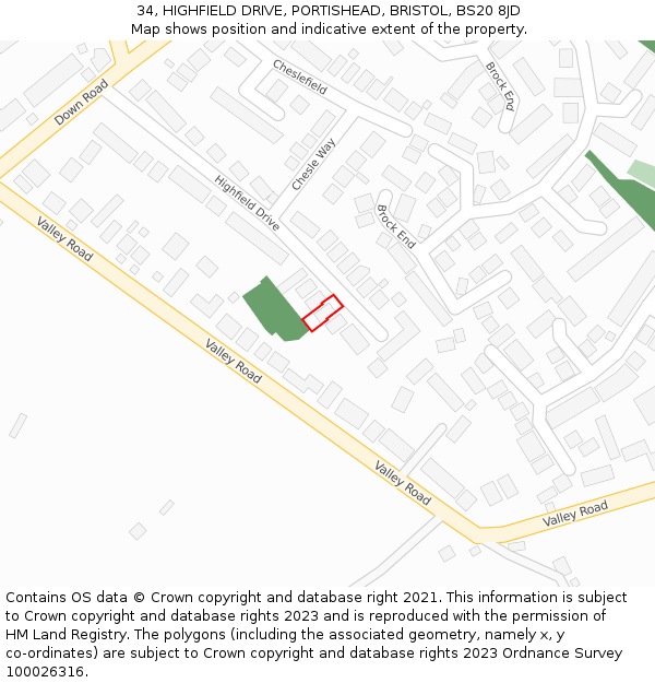 34, HIGHFIELD DRIVE, PORTISHEAD, BRISTOL, BS20 8JD: Location map and indicative extent of plot