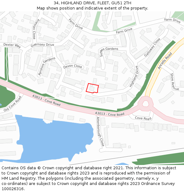 34, HIGHLAND DRIVE, FLEET, GU51 2TH: Location map and indicative extent of plot