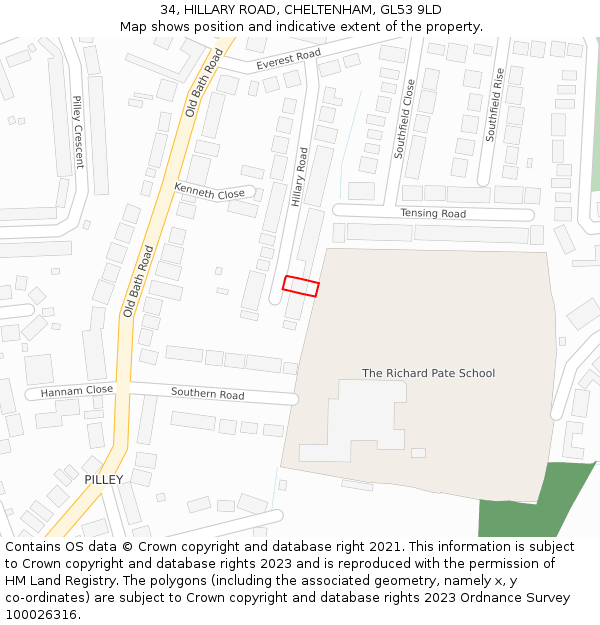 34, HILLARY ROAD, CHELTENHAM, GL53 9LD: Location map and indicative extent of plot