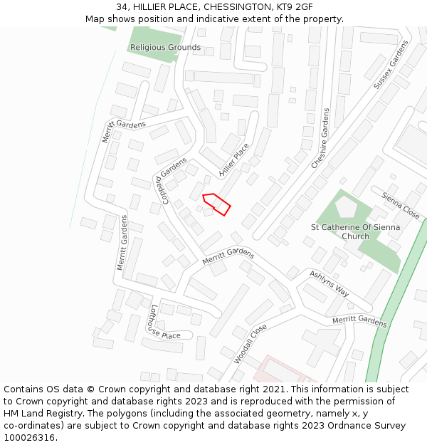 34, HILLIER PLACE, CHESSINGTON, KT9 2GF: Location map and indicative extent of plot
