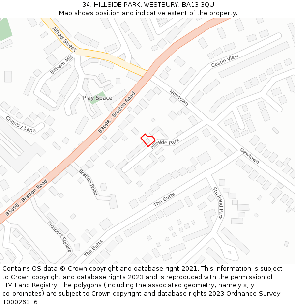 34, HILLSIDE PARK, WESTBURY, BA13 3QU: Location map and indicative extent of plot