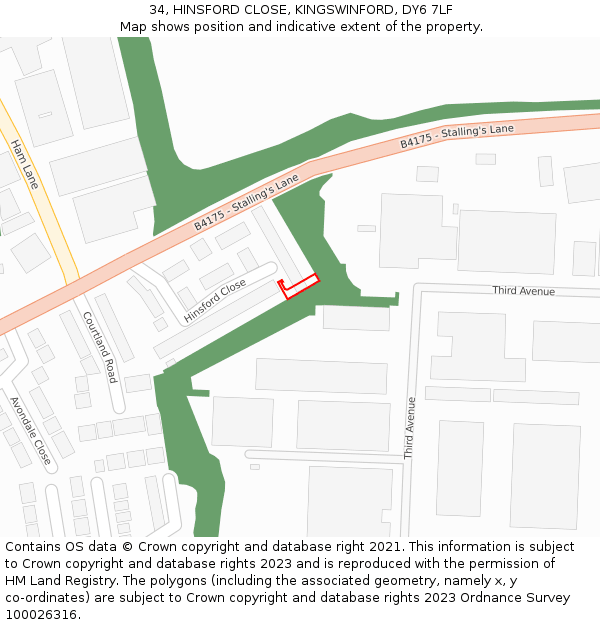 34, HINSFORD CLOSE, KINGSWINFORD, DY6 7LF: Location map and indicative extent of plot