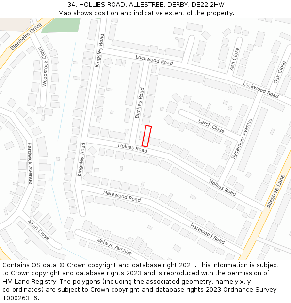 34, HOLLIES ROAD, ALLESTREE, DERBY, DE22 2HW: Location map and indicative extent of plot