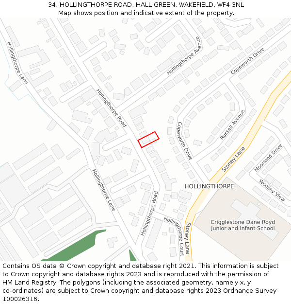 34, HOLLINGTHORPE ROAD, HALL GREEN, WAKEFIELD, WF4 3NL: Location map and indicative extent of plot