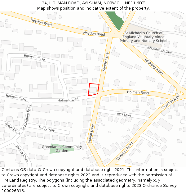 34, HOLMAN ROAD, AYLSHAM, NORWICH, NR11 6BZ: Location map and indicative extent of plot