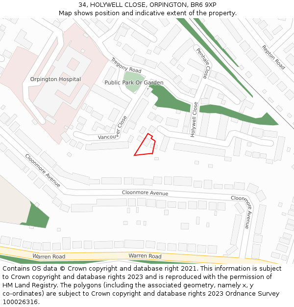 34, HOLYWELL CLOSE, ORPINGTON, BR6 9XP: Location map and indicative extent of plot