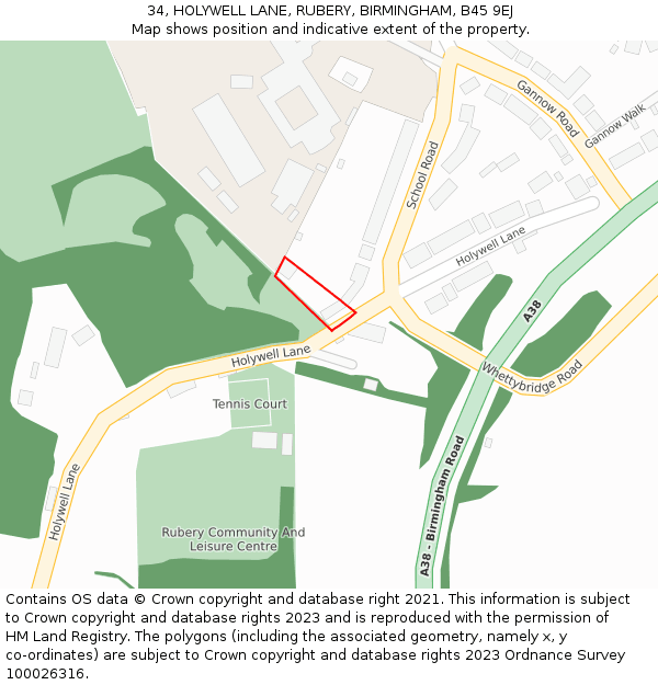 34, HOLYWELL LANE, RUBERY, BIRMINGHAM, B45 9EJ: Location map and indicative extent of plot