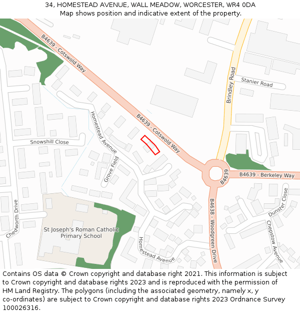 34, HOMESTEAD AVENUE, WALL MEADOW, WORCESTER, WR4 0DA: Location map and indicative extent of plot