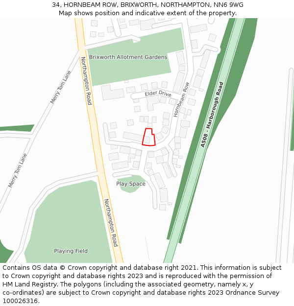 34, HORNBEAM ROW, BRIXWORTH, NORTHAMPTON, NN6 9WG: Location map and indicative extent of plot