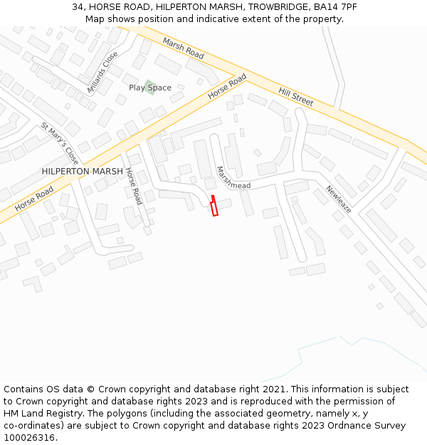 34, HORSE ROAD, HILPERTON MARSH, TROWBRIDGE, BA14 7PF: Location map and indicative extent of plot