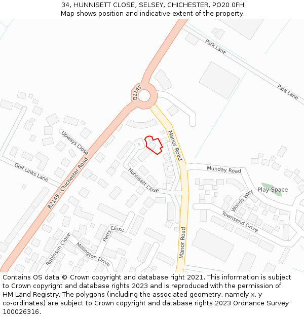 34, HUNNISETT CLOSE, SELSEY, CHICHESTER, PO20 0FH: Location map and indicative extent of plot