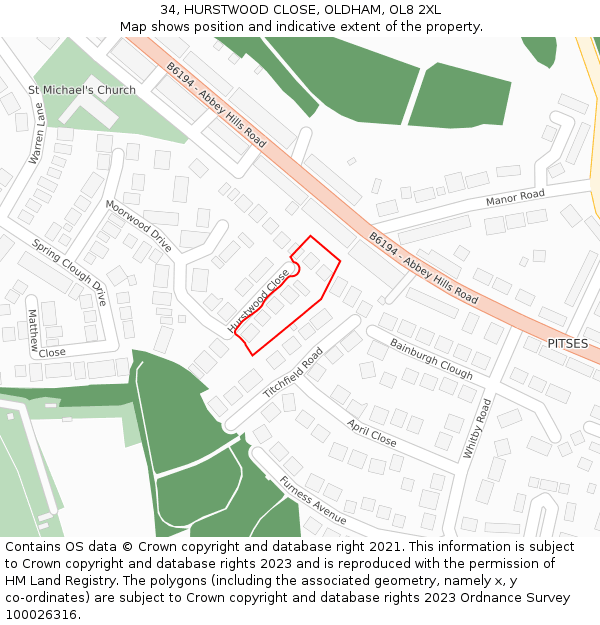 34, HURSTWOOD CLOSE, OLDHAM, OL8 2XL: Location map and indicative extent of plot