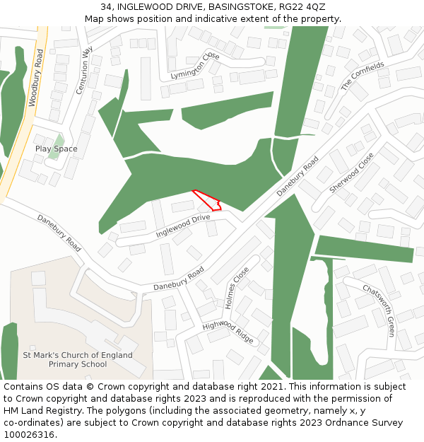 34, INGLEWOOD DRIVE, BASINGSTOKE, RG22 4QZ: Location map and indicative extent of plot