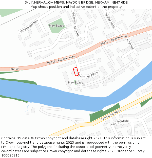 34, INNERHAUGH MEWS, HAYDON BRIDGE, HEXHAM, NE47 6DE: Location map and indicative extent of plot