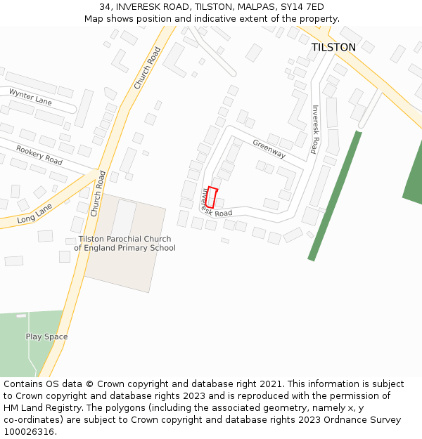 34, INVERESK ROAD, TILSTON, MALPAS, SY14 7ED: Location map and indicative extent of plot