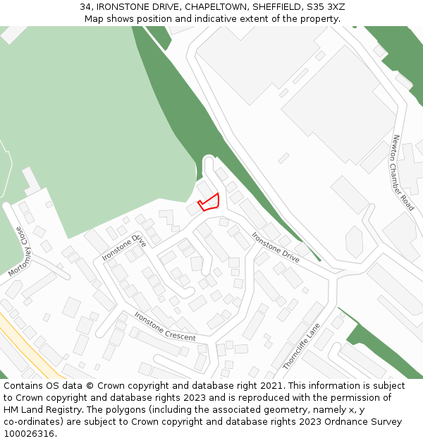 34, IRONSTONE DRIVE, CHAPELTOWN, SHEFFIELD, S35 3XZ: Location map and indicative extent of plot