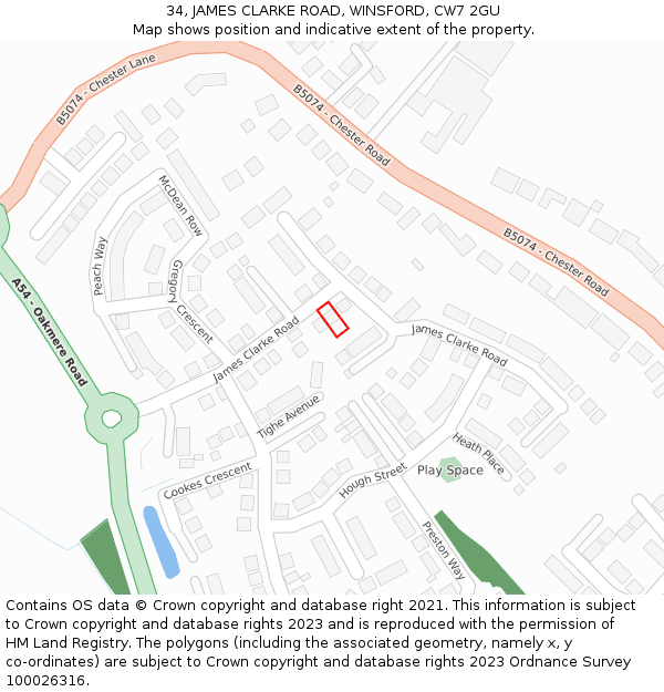 34, JAMES CLARKE ROAD, WINSFORD, CW7 2GU: Location map and indicative extent of plot