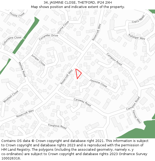 34, JASMINE CLOSE, THETFORD, IP24 2XH: Location map and indicative extent of plot