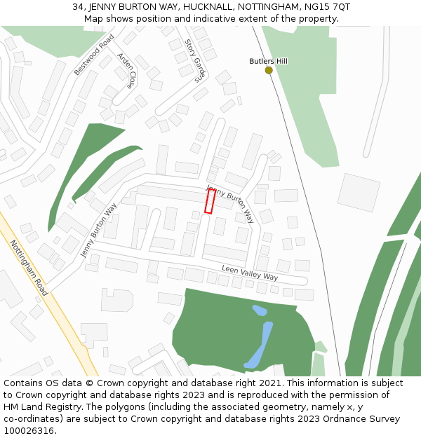 34, JENNY BURTON WAY, HUCKNALL, NOTTINGHAM, NG15 7QT: Location map and indicative extent of plot