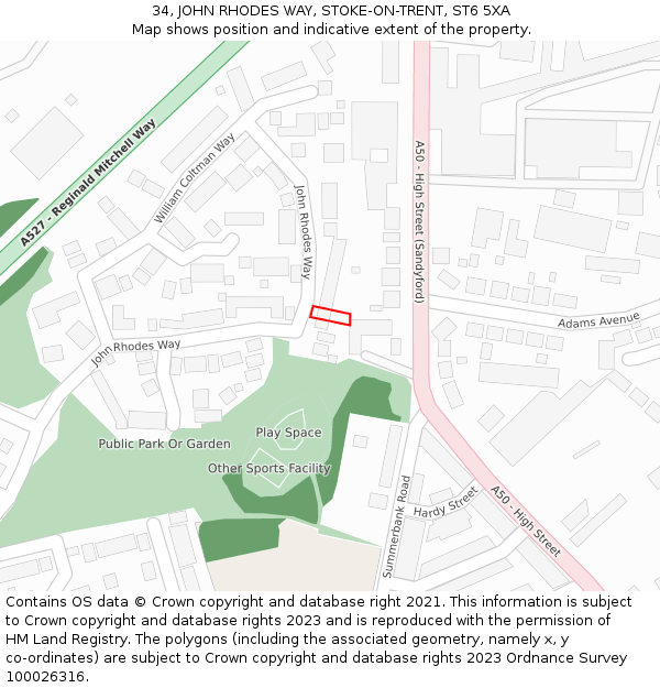 34, JOHN RHODES WAY, STOKE-ON-TRENT, ST6 5XA: Location map and indicative extent of plot