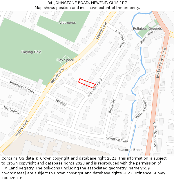 34, JOHNSTONE ROAD, NEWENT, GL18 1PZ: Location map and indicative extent of plot