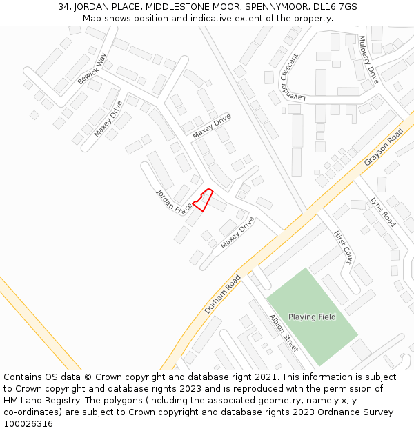 34, JORDAN PLACE, MIDDLESTONE MOOR, SPENNYMOOR, DL16 7GS: Location map and indicative extent of plot